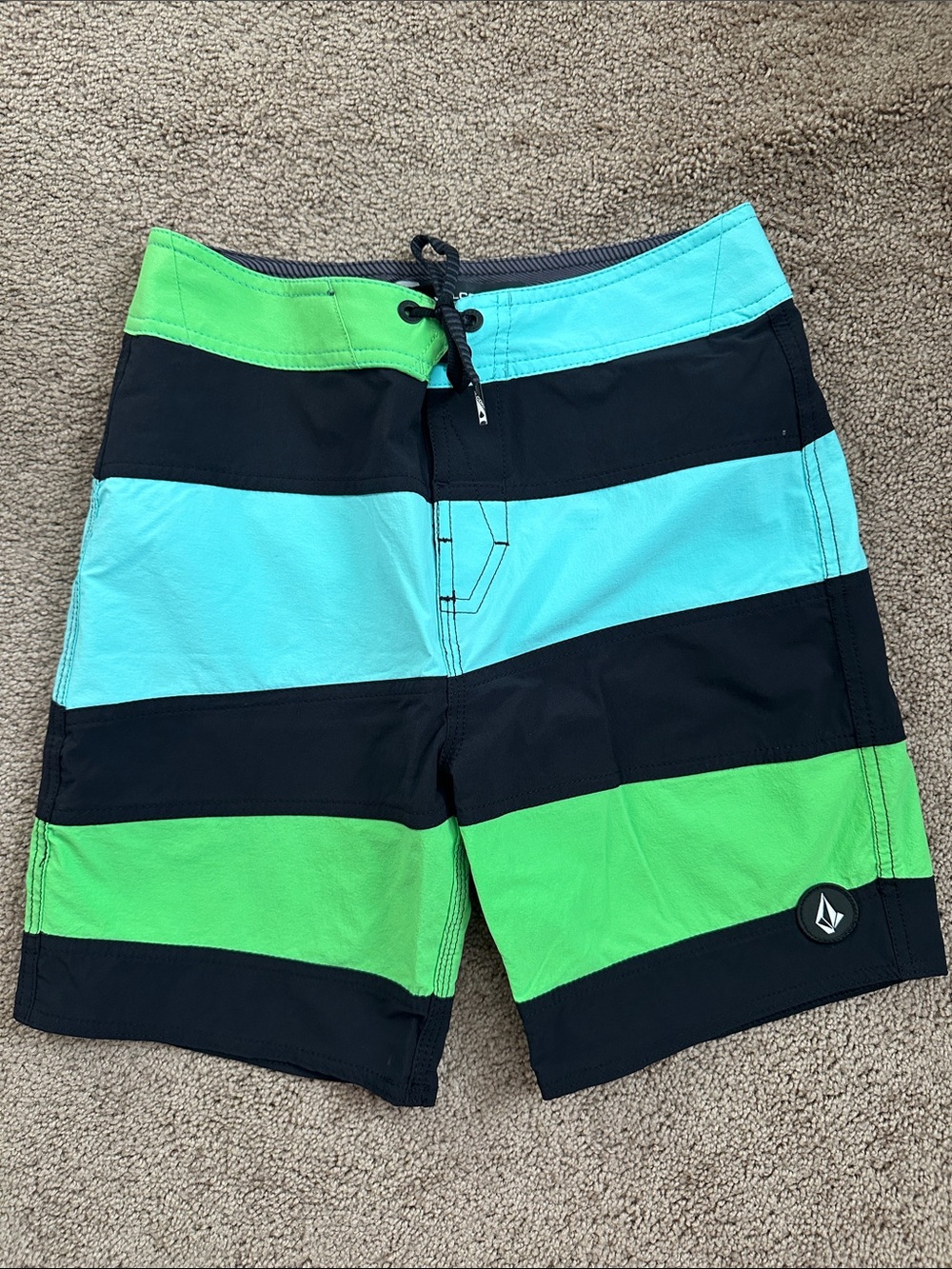 Volcom Aqua and Lime Block Stripe Boardshorts